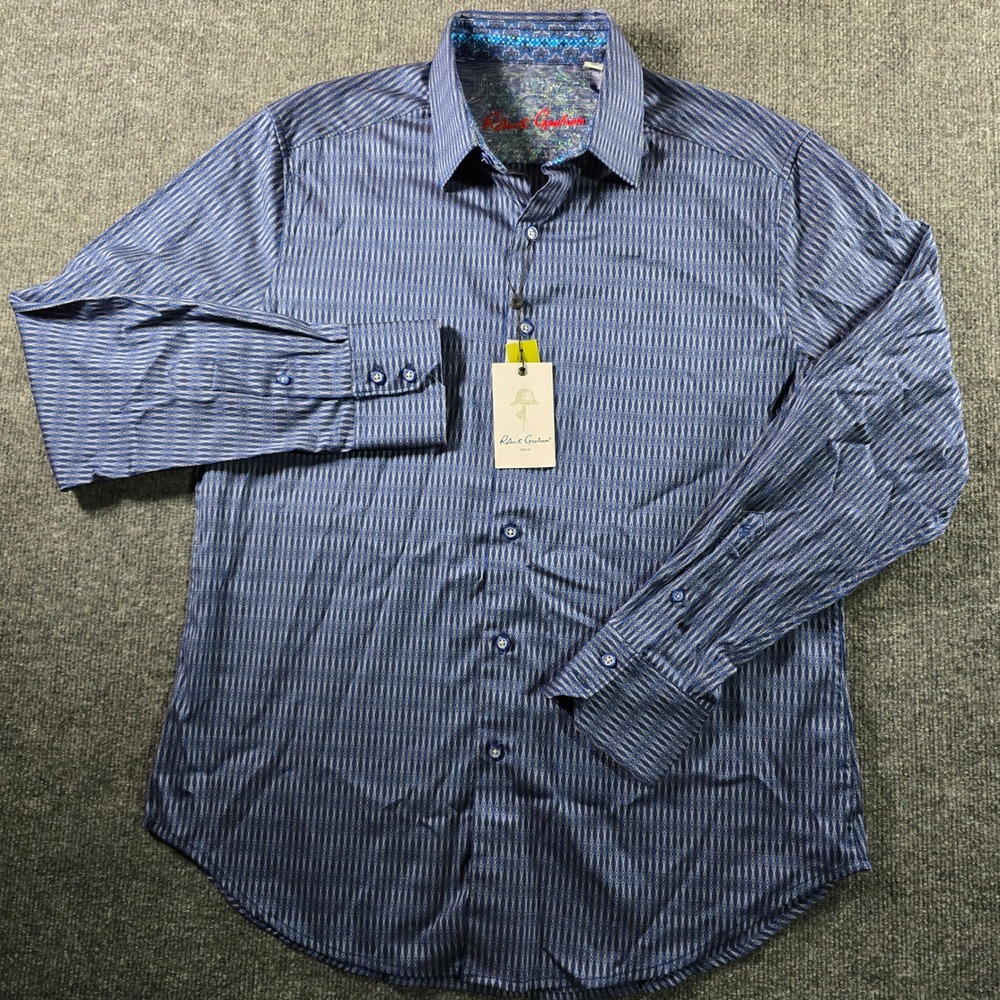 NWT Robert Graham Pico Navy Blue Geometric Stretch Long Sleeve Button Shirt M